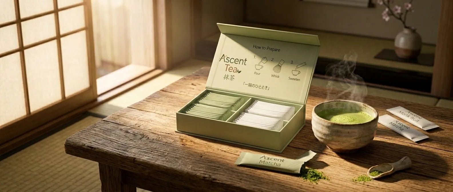 Ascent Tea kit on a wooden table with matcha and sachets