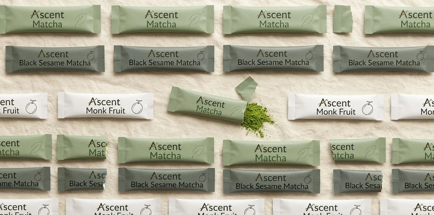 Grid of Ascent matcha sticks and sweetener sticks